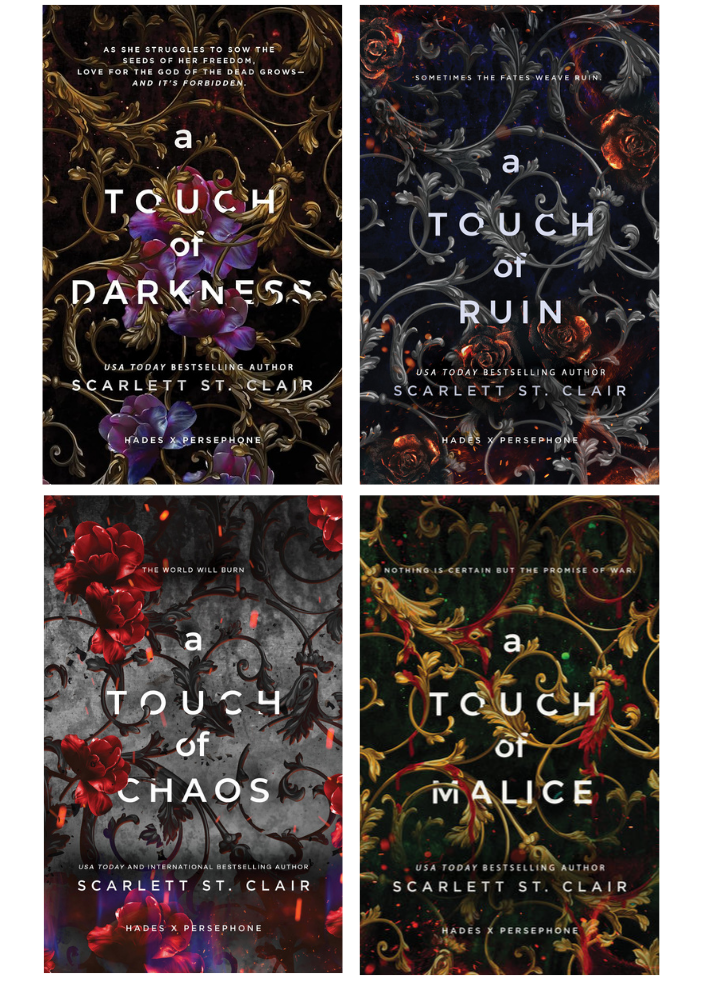 Four book covers arranged in a 2x2 grid on a black background. The covers feature ornate dark floral and scroll designs with red, purple, and gold accents, and the titles 'a Touch of Darkness,' 'a Touch of Ruin,' 'a Touch of Chaos,' and 'a Touch of Malice' by Scarlett St. Clair on embervale.ca