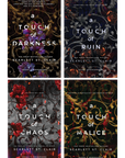 Four book covers arranged in a 2x2 grid on a black background. The covers feature ornate dark floral and scroll designs with red, purple, and gold accents, and the titles 'a Touch of Darkness,' 'a Touch of Ruin,' 'a Touch of Chaos,' and 'a Touch of Malice' by Scarlett St. Clair on embervale.ca