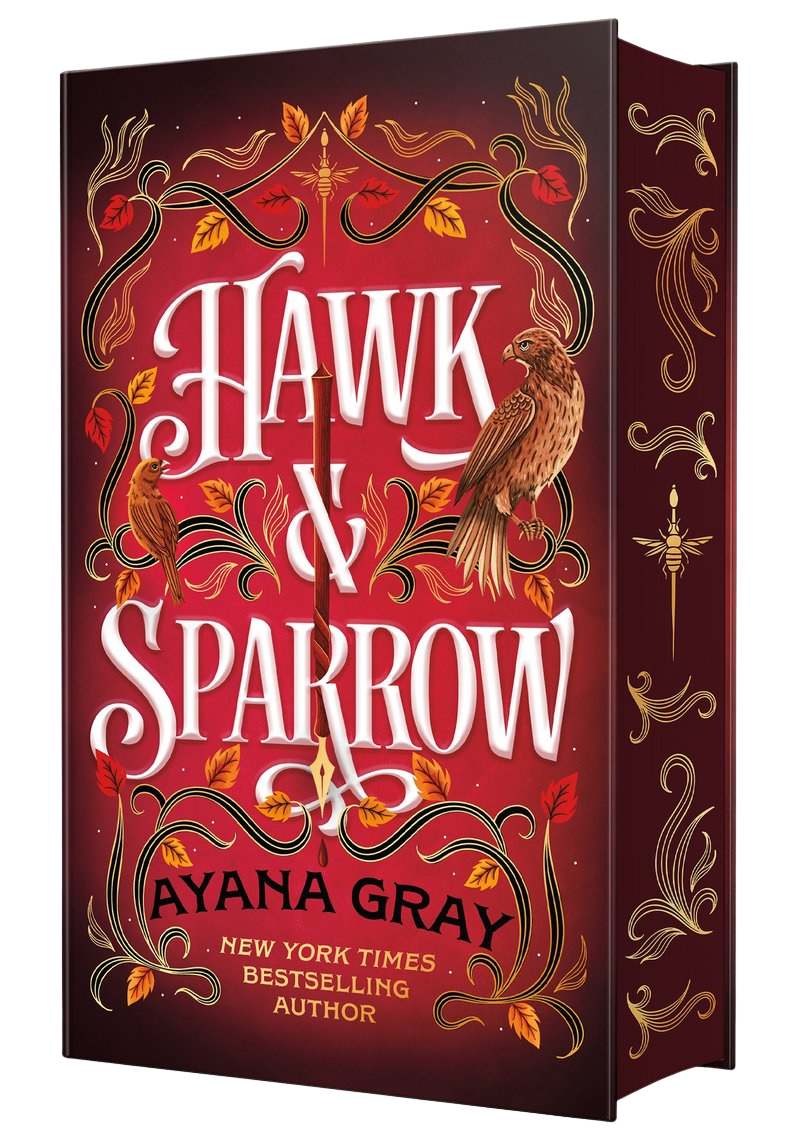 Book cover of 'Hawk & Sparrow' by Ayana Gray with ornate design and red background on embervale.ca