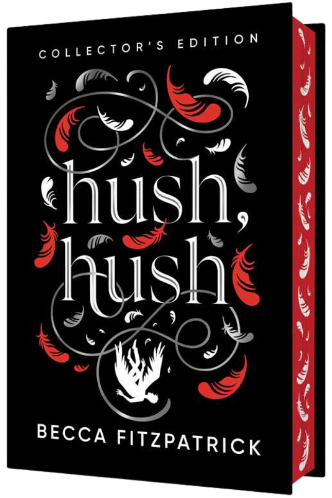 Book cover of 'hush, hush' by Becca Fitzpatrick with decorative elements on a black background on embervale.ca