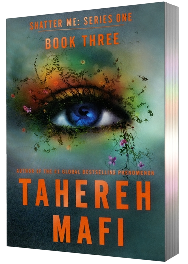 Book cover for 'Ignite Me' by Tahereh Mafi, featuring a stylized blue eye with orange and green floral details on a teal background on embervale.ca