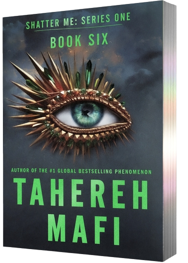 Book cover for 'Imagine Me' from Shatter Me: Series One by Tahereh Mafi, featuring a detailed fantasy illustration of a spiky metallic eye with a green iris on a dark stormy background on embervale.ca