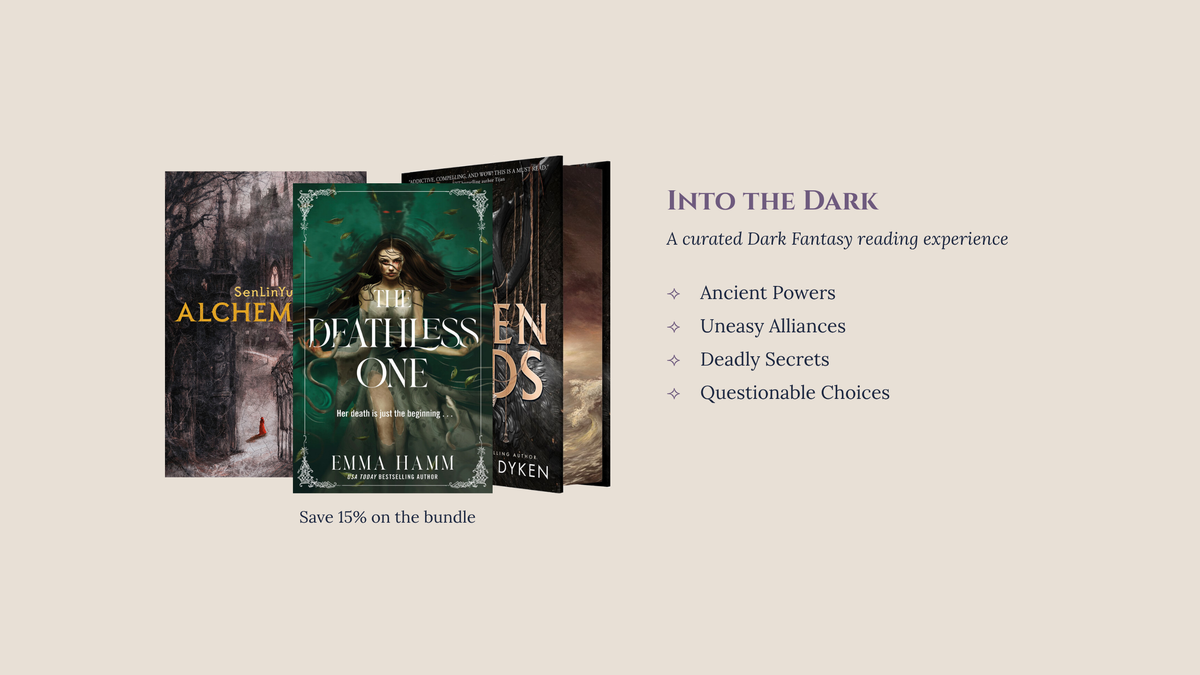 A promotional graphic for a dark fantasy Embervale book bundle titled 'Into the Dark' on a warm beige background. Three book covers are shown side by side, with the center cover reading 'Deathless One' by Emma Hamm.