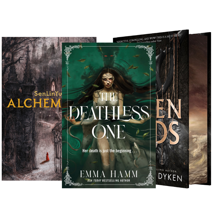 Three fantasy book covers arranged in a fan-like layout on a white background. The center cover is for 'The Deathless One' by Emma Hamm, flanked by Alchemised by SenLinYu and Fallen Gods by Rachel Van Dyken