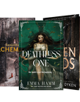 Three fantasy book covers arranged in a fan-like layout on a white background. The center cover is for 'The Deathless One' by Emma Hamm, flanked by Alchemised by SenLinYu and Fallen Gods by Rachel Van Dyken