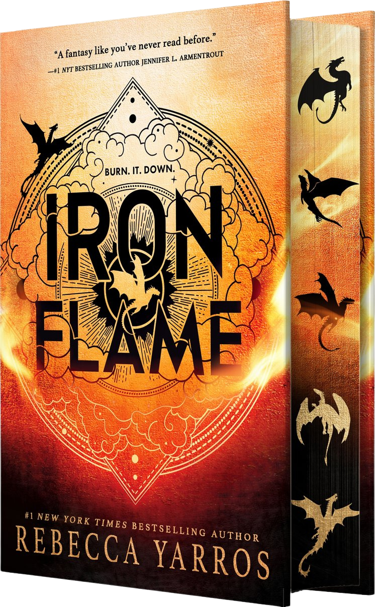 Book cover of 'Iron Flame' by Rebecca Yarros with fiery design and dragon illustrations on embervale.ca