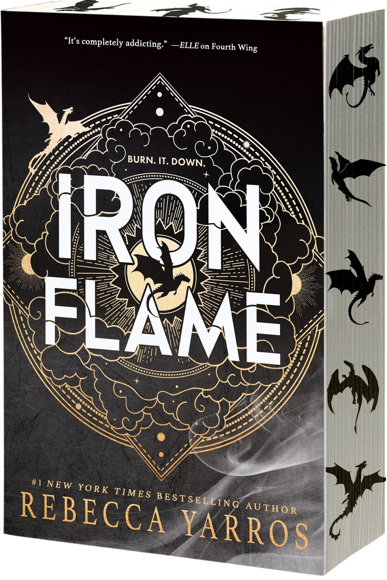 Book cover of 'Iron Flame' by Rebecca Yarros with dragon illustrations and dark design on embervale.ca