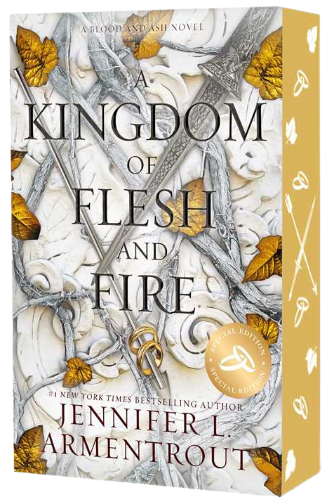 Book cover of 'A Kingdom of Flesh and Fire' by Jennifer L. Armentrout with decorative elements on a white background on embervale.ca