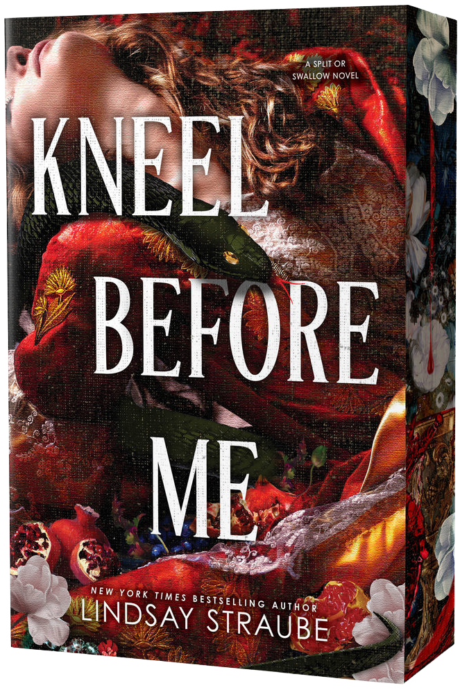 Book cover of 'Kneel Before Me' by Lindsay Straube with a woman's face and red flowers on embervale.ca