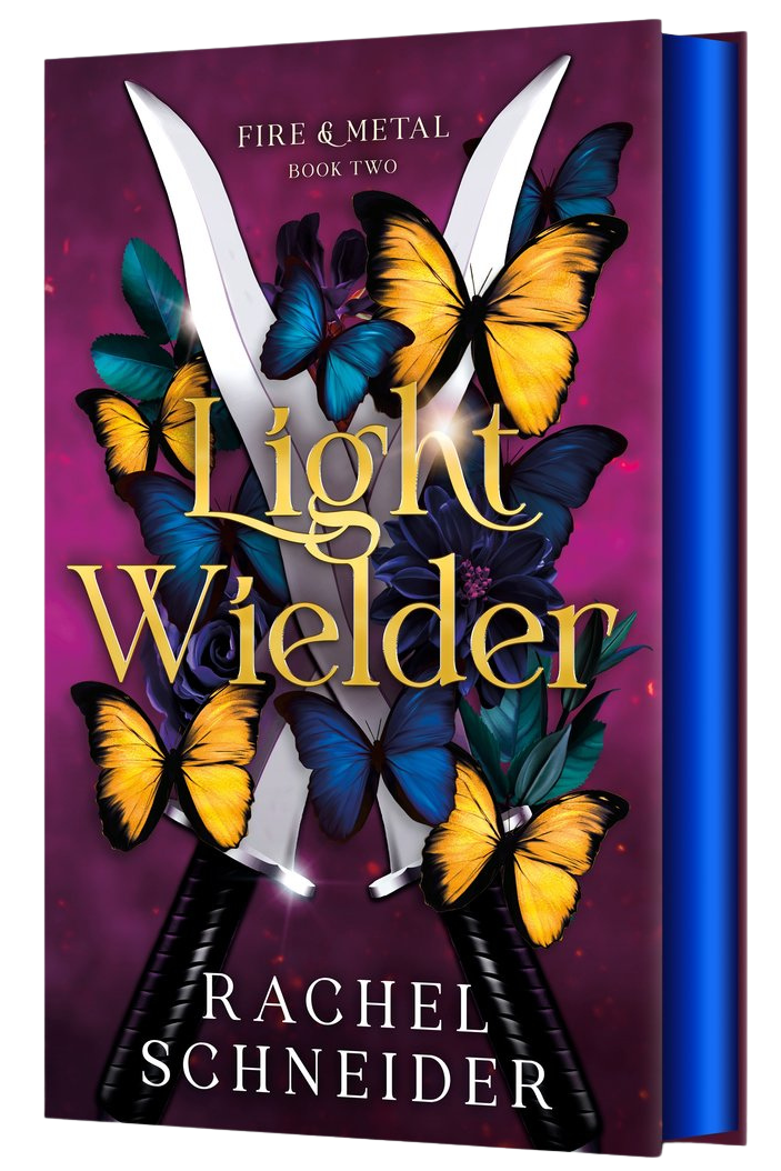 Book cover of 'Light Wielder' with butterflies and swords on a purple background on embervale.ca