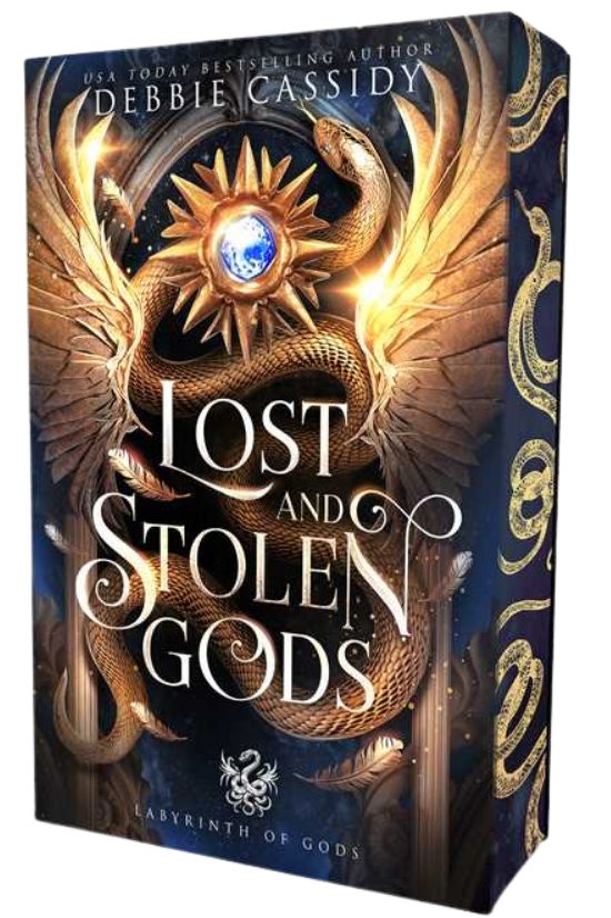 Book cover of 'Lost and Stolen Gods' by Debbie Cassidy with a dragon and celestial design on embervale.ca