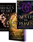 Three paperback book covers arranged overlapping on a white background: 'Once Upon a Broken Heart' by Stephanie Garber, 'Never the Roses' by Jennifer K. Lambert, and 'The Spellshop' by Sarah Beth Durst.