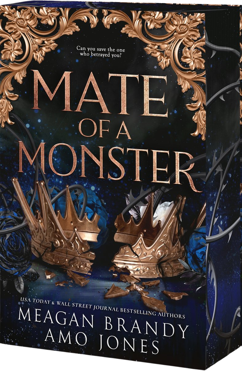 Book cover for 'Mate of a Monster' by Meagan Brady and Amo Jones, featuring ornate gold baroque-style corner decorations, large gold title text over a dark blue Embervale background, and two broken gold crowns on the cover.