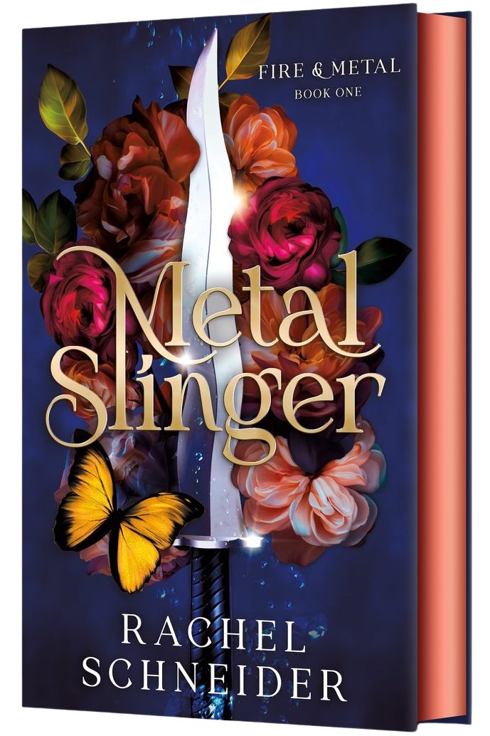 Book cover of 'Metal Slinger' by Rachel Schneider with flowers and a sword design on embervale.ca