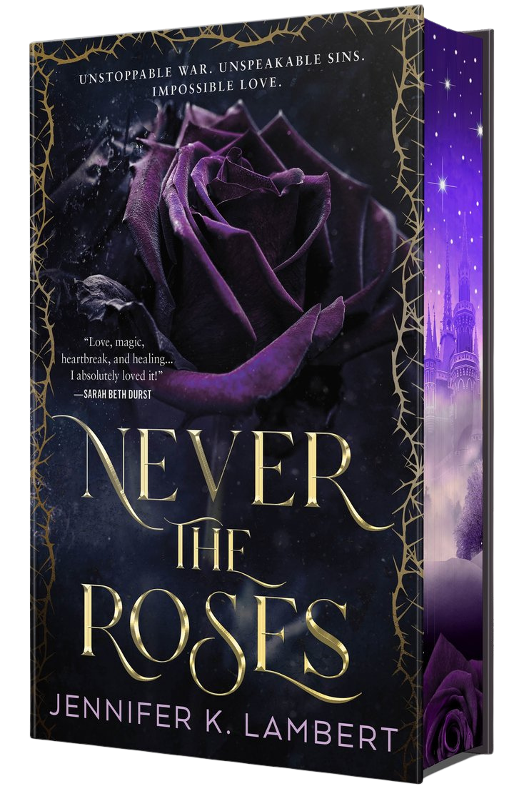 Book cover of 'Never the Roses' by Jennifer K. Lambert with a purple rose design on embervale.ca