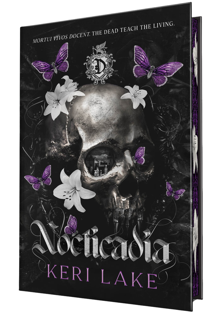 Book cover of 'Nocticidia' by Keri Lake featuring a skull, flowers, and butterflies on embervale.ca