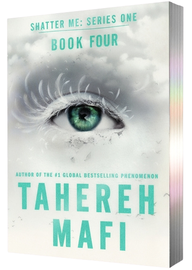 Book cover for 'Restore Me' Shatter Me: Series One Book Four by Tahereh Mafi, featuring a dramatic close-up of a green eye surrounded by white and gray clouds, with teal text on an off-white background on embervale.ca