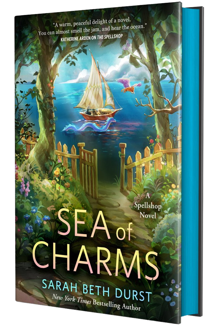 Book cover of 'Sea of Charms' by Sarah Beth Durst with a magical forest and sailboat design.