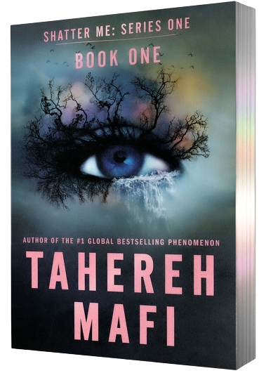 Book cover for 'Shatter Me: Series One Book One' by Tahereh Mafi, featuring a dramatic blue eye with dark tree branches growing from it against a cloudy sky, with the title and author name in pink tex on embervale.ca