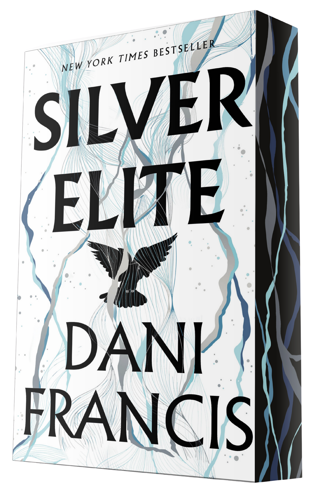 Book box for the New York Times Bestseller 'Silver Elite' by Dani Francis, featuring a white cover with black text, a black bird silhouette, and blue-gray abstract line art, shown at a three-quarter angle on embervale.ca
