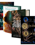 Four paperback book covers arranged in a fan-like overlap on a plain white background. Visible titles and authors include 'Heartless Hunter' by Kristen Ciccarelli, 'Spark of the Everflame' by Penn Coie, 'Shield of Sparrows' by Devney Perry, and 'Divine Rivals' by Rebecca Ross.