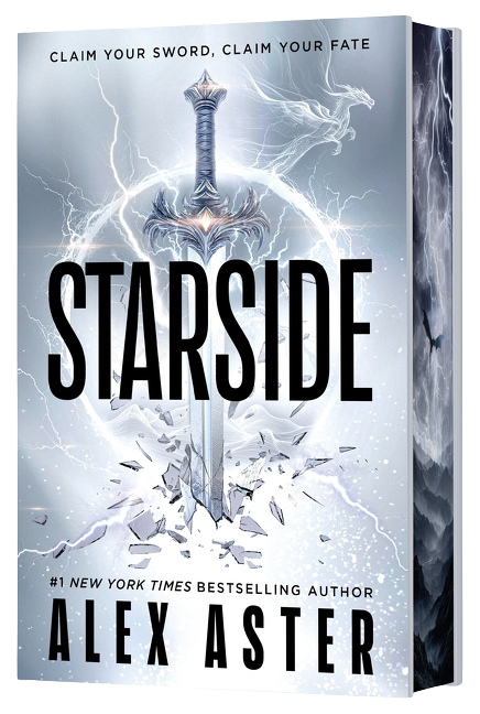 Book cover for 'Starside' by Alex Aster, featuring a large silver sword piercing shattered ice with lightning effects on a pale blue-white on embervale.ca