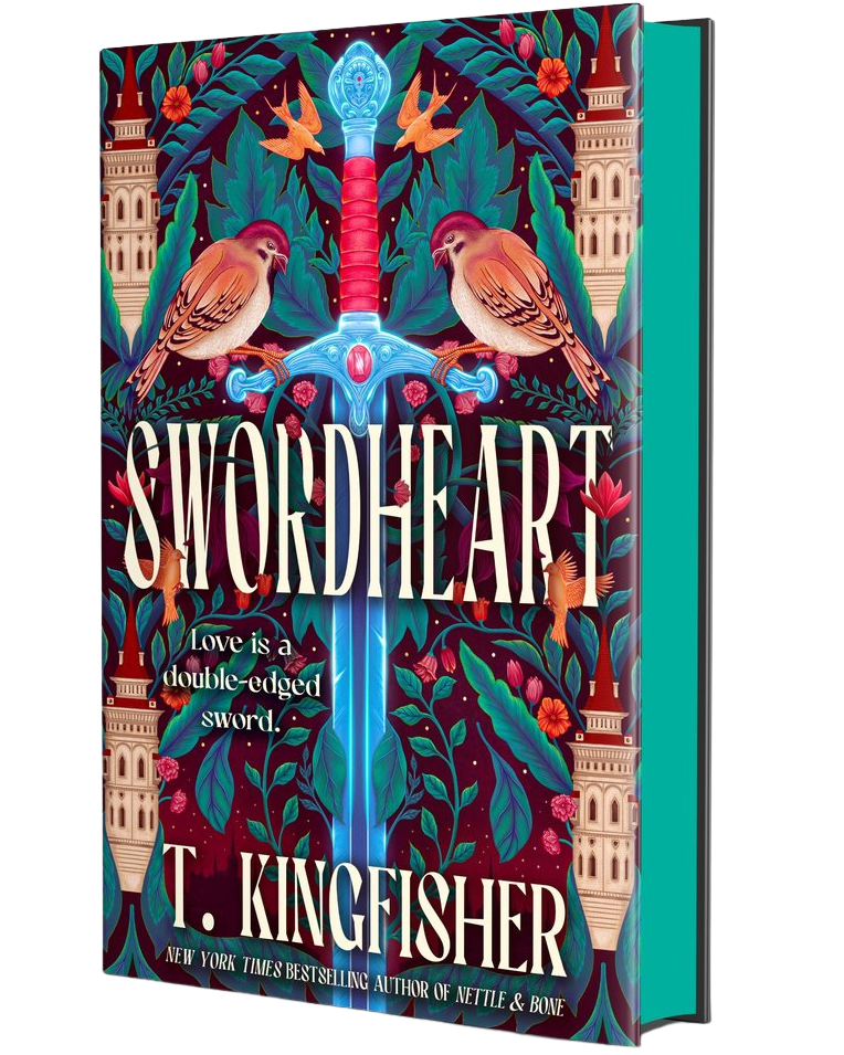 The book cover of 'Swordheart' by T. Kingfisher, shown as a 3D mockup of the book with a teal spine against a plain white background on embervale.ca