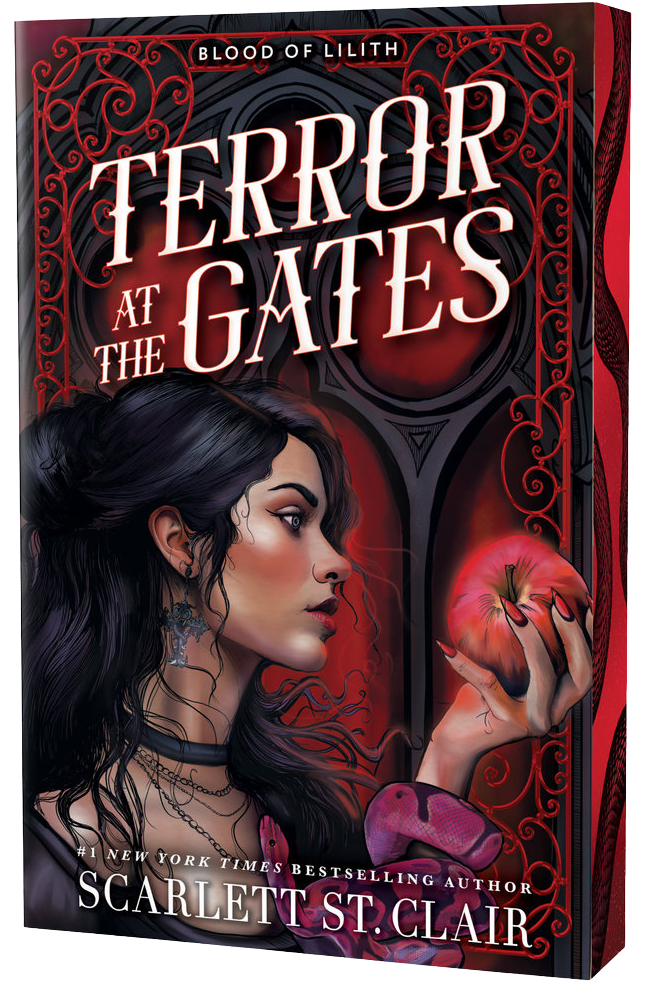 Book cover of 'Terror at the Gates' by Scarlett St. Clair with a woman holding an apple on embervale.ca
