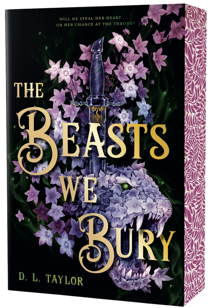 Book cover of 'The Beasts We Bury' with floral design and dagger illustration. embervale.ca