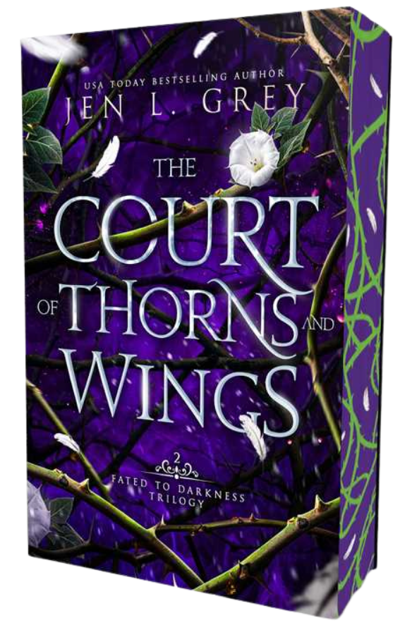 Book cover of 'The Court of Thorns and Wings' by Jen L. Grey with a purple background and floral elements on embervale.ca