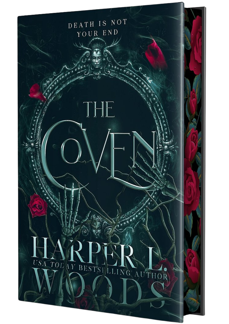 Book cover of 'The Coven' by Harper L. Woods with dark background and red roses on embervale.ca