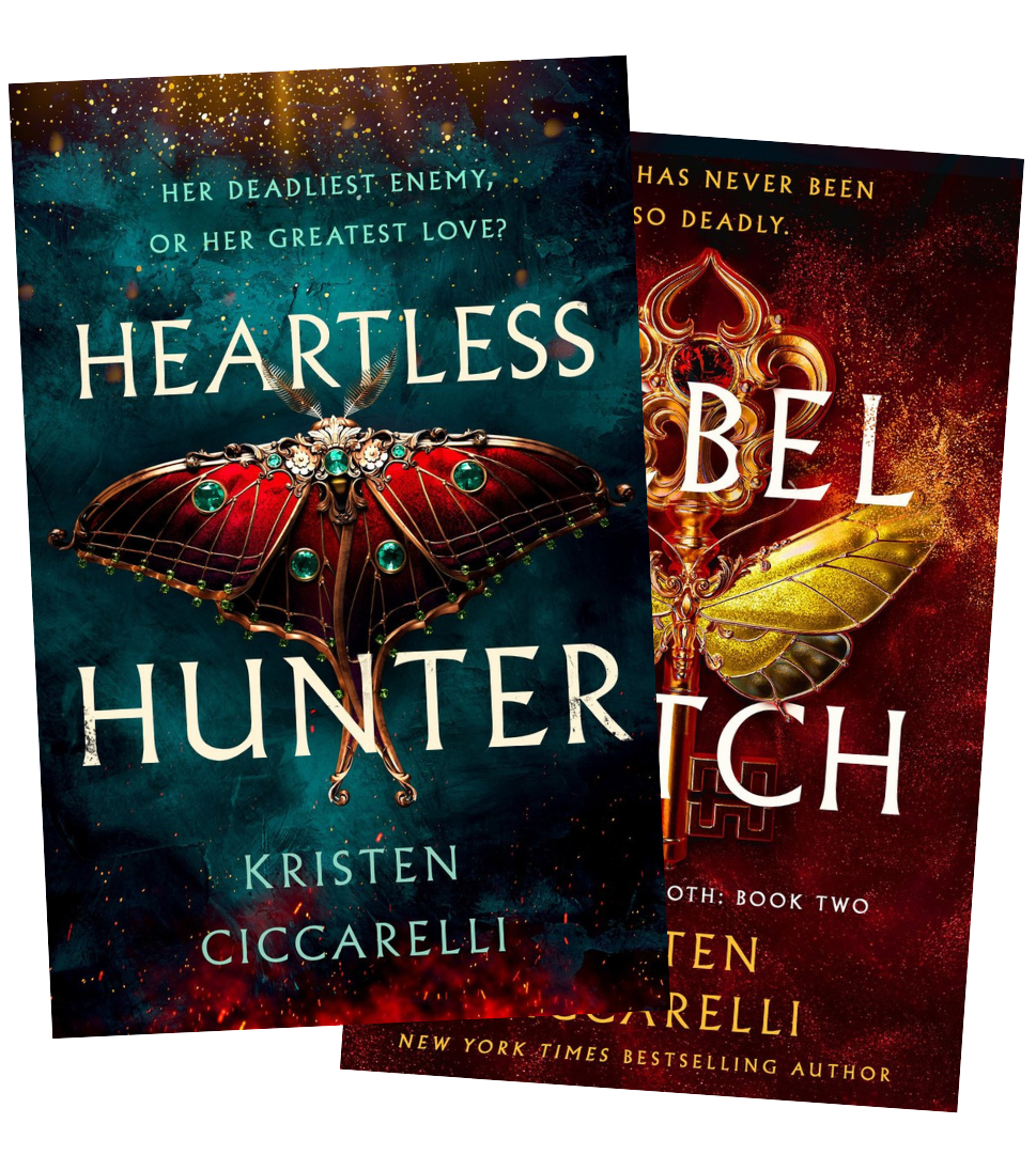Two book covers for Kristen Ciccarelli's 'Heartless Hunter' series, featuring a dark teal and red background with a large jeweled moth illustration and white title text on embervale.ca