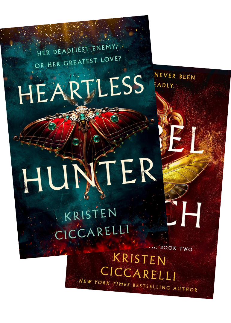 Two angled views of the book cover for 'Heartless Hunter' by Kristen Ciccarelli, featuring a large red jewel beetle on a dark teal and red textured background with white title text on embervale.ca
