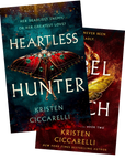 Two angled views of the book cover for 'Heartless Hunter' by Kristen Ciccarelli, featuring a large red jewel beetle on a dark teal and red textured background with white title text on embervale.ca