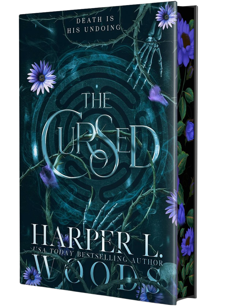 Book cover of 'The Cursed' by Harper L. Woods with a dark green background and floral elements.
