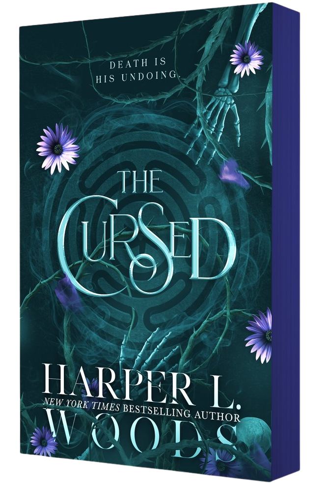 Book cover of 'The Cursed' by Harper L. Woods with dark green background and floral elements on embervale.ca