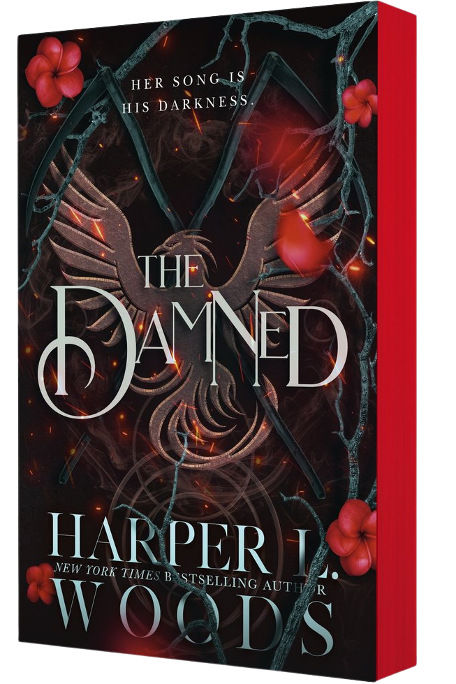 Book cover of 'The Damned' by Harper J. Woods with dark design and red flowers on embervale.ca