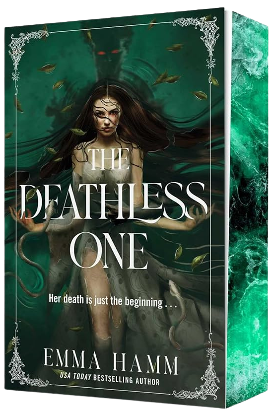 Book cover for 'The Deathless One' by Emma Hamm, featuring a dark green underwater-themed illustration with a pale woman and white title text, shown as a 3D book box mockup on a white background on embervale.ca
