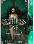 Book cover for 'The Deathless One' by Emma Hamm, featuring a dark green underwater-themed illustration with a pale woman and white title text, shown as a 3D book box mockup on a white background on embervale.ca
