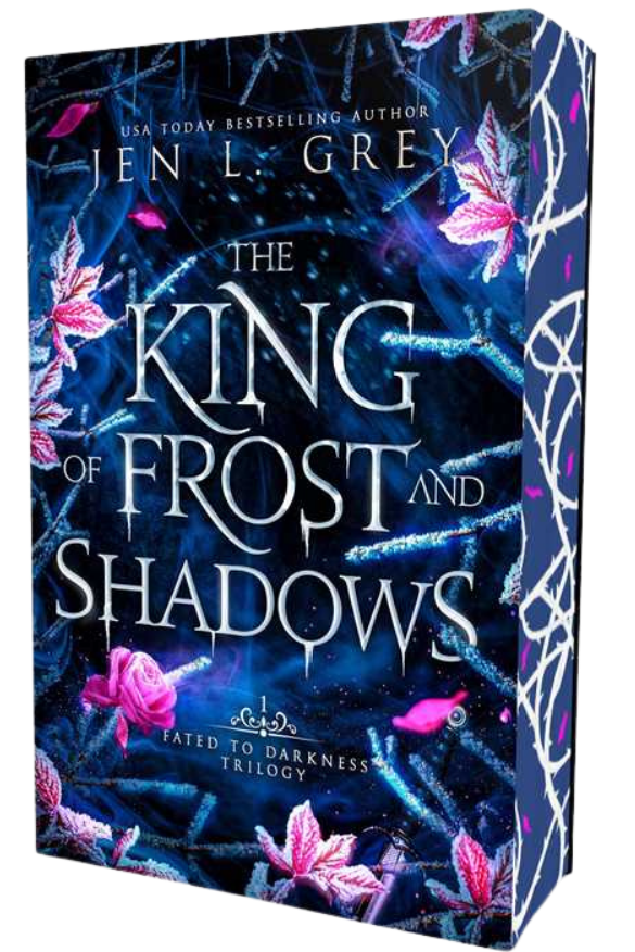 Book cover of 'The King of Frost and Shadows' by Jen L. Grey with a dark blue background and floral elements on embervale.ca