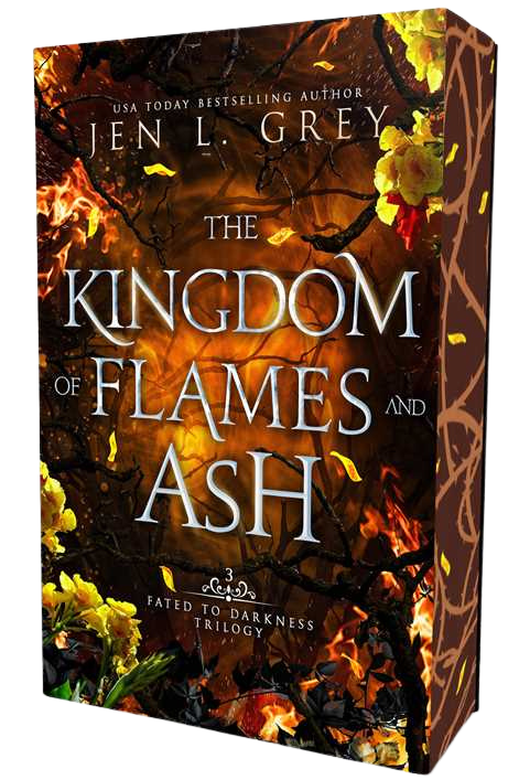 The Kingdom of Flames and Ash book box set by Jen L. Grey, featuring a dramatic cover design with fiery orange and yellow flames, dark brown shadows, and white title text, shown on a plain white background on embervale.ca