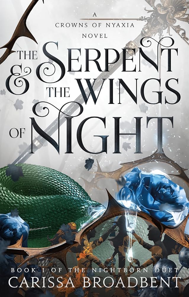The Serpent & the Wings of Night cover image with a green serpent, thorns, a blue rose, and a scepter against a light grey background, on embervale.ca