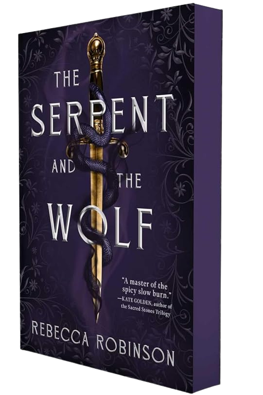 The book cover of 'The Serpent and the Wolf' by Rebecca Robinson, shown as a 3D perspective mockup on a plain white background. The cover is dark purple with a central gold and blue dagger illustration on embervale.ca