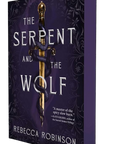 The book cover of 'The Serpent and the Wolf' by Rebecca Robinson, shown as a 3D perspective mockup on a plain white background. The cover is dark purple with a central gold and blue dagger illustration on embervale.ca
