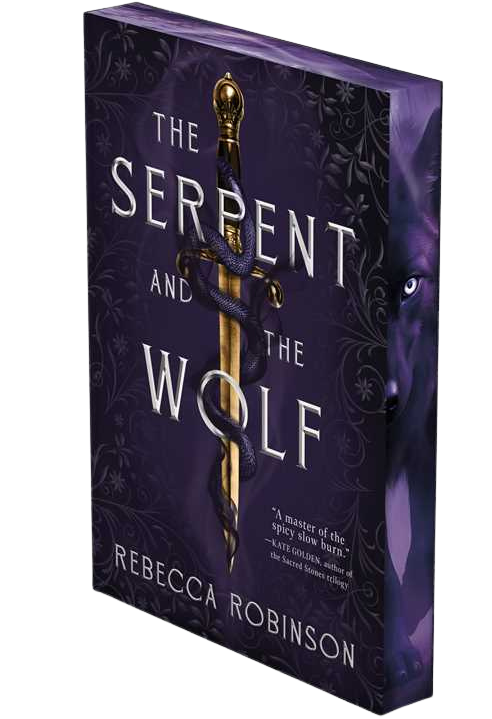 Book cover of 'The Serpent and the Wolf' by Rebecca Robinson with a purple and gold design on embervale.ca