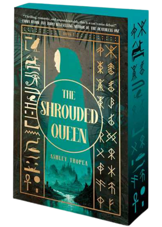 Book cover of 'The Shrouded Queen' with a silhouette of a woman and mystical symbols on a teal background on embervale.ca