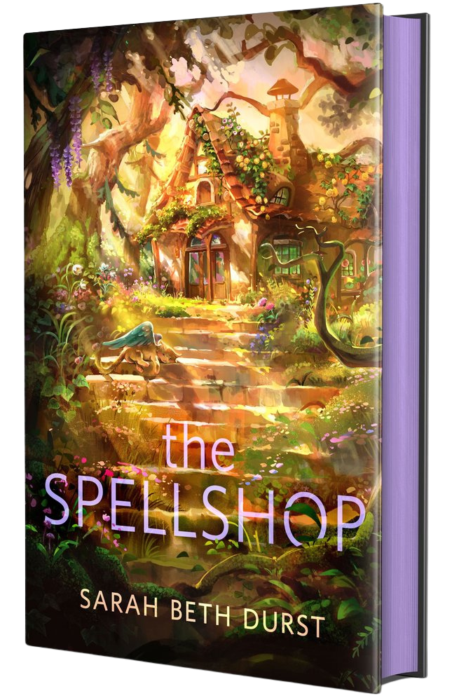 Book cover of 'The Spellshop' by Sarah Beth Durst with a fantasy scene on the cover on embervale.ca
