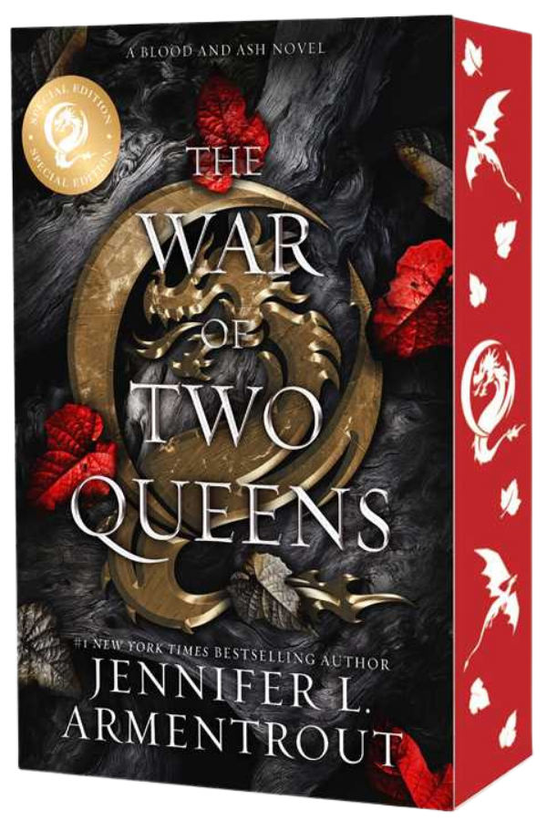 Book cover of 'The War of Two Queens' by Jennifer L. Armentrout with a dragon design on a black background.