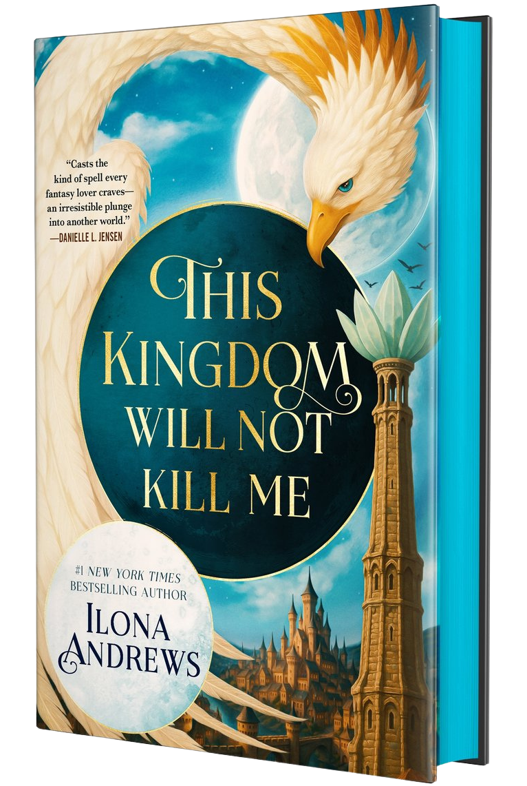 The front cover of the book 'This Kingdom Will Not Kill Me' by Ilona Andrews, shown as a 3D paperback mockup against Embervale's background. The cover features fantasy artwork of a golden eagle, a large moon, and a tower, with a prominent dark blue circular title panel.