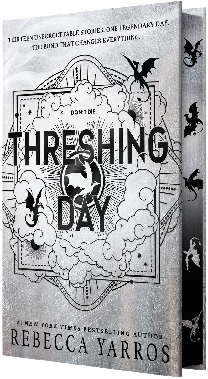 The front and spine of the book 'Threshing Day' by Rebecca Yarros, featuring a detailed black and white illustration of a dragon, clouds, and bats on a textured light gray background on embervale.ca
